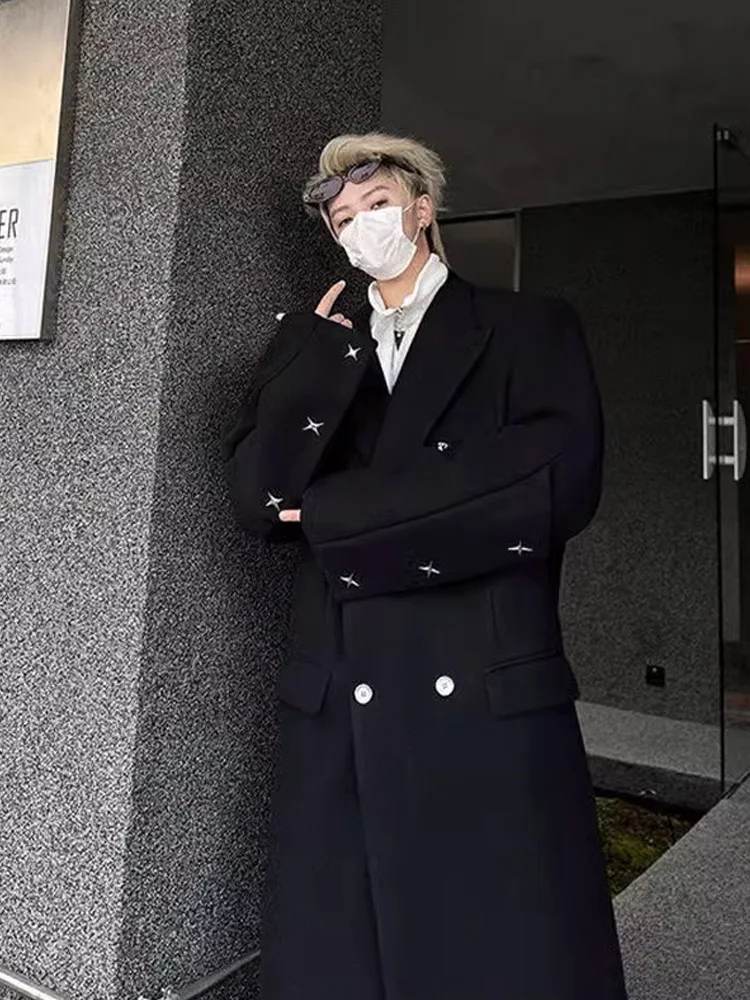 

Autumn Winter Men's Mid-Length Woolen Coat Double-Row Buttoned Korean Sle High-End Feeling Hip Haome Over-Knee Windbreaker