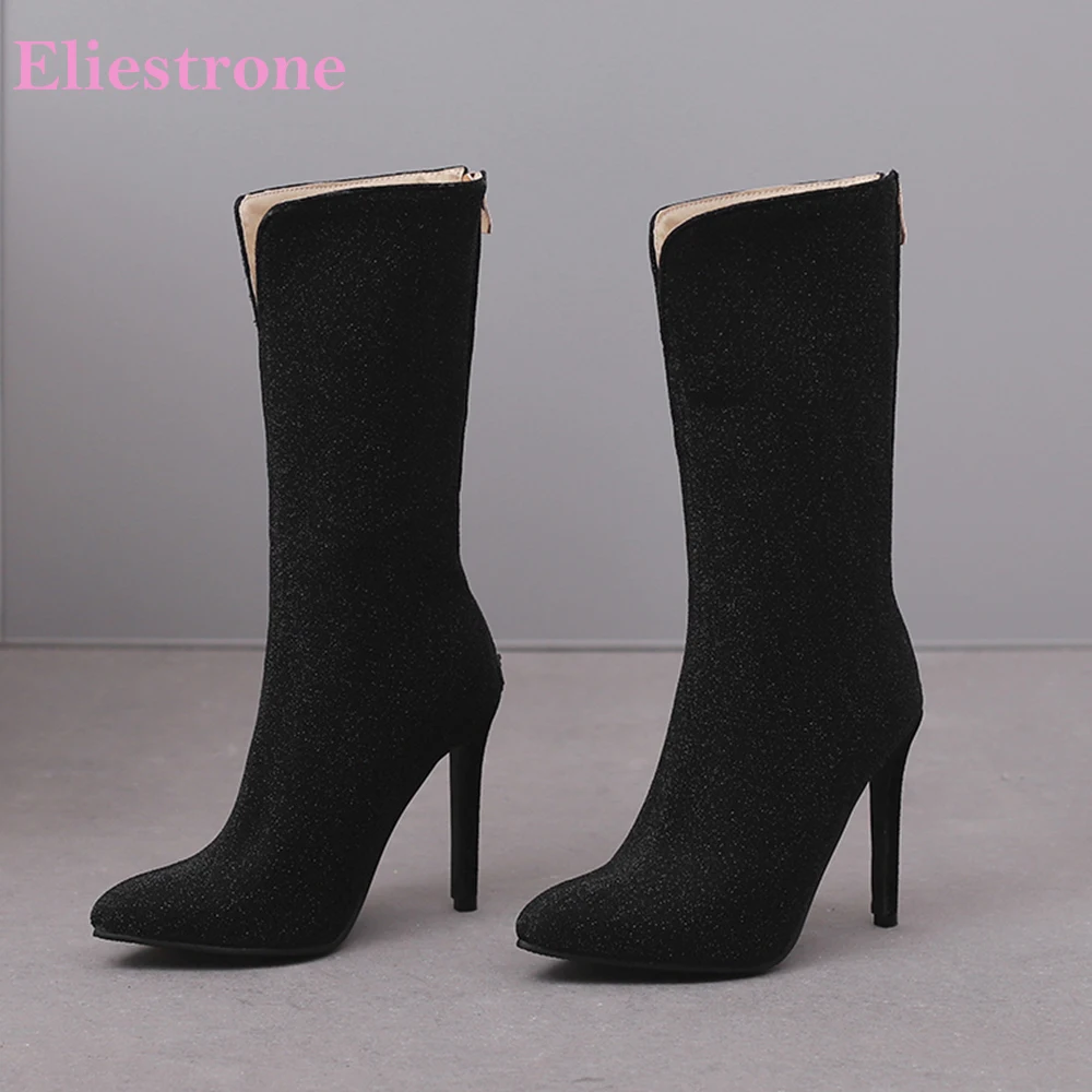 New Winter Sexy Black Green Women Mid Calf Boots Pointed Toe High Heels Lady Shoes Plus Small Big Size 12 32 43 46 50