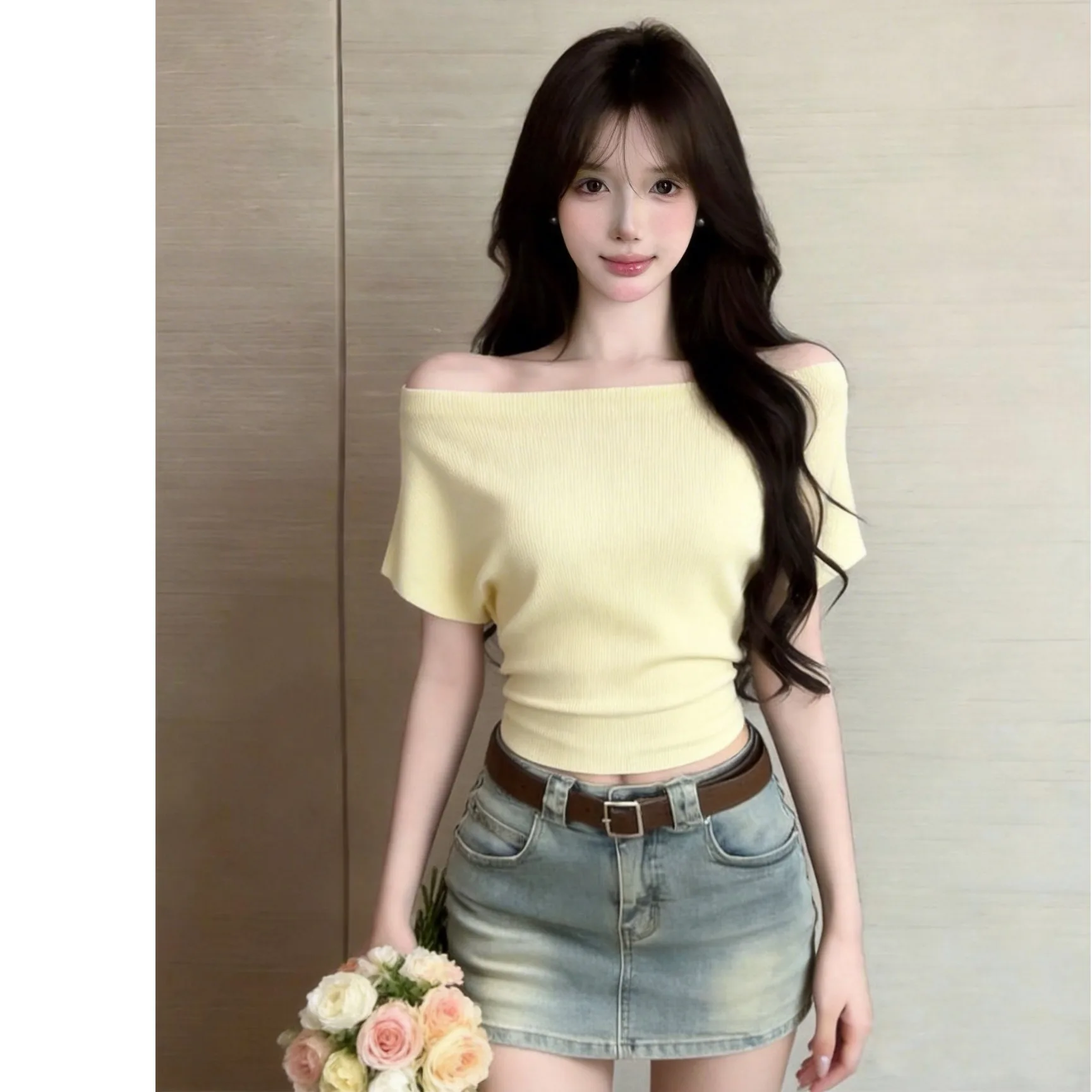 

Elegant Short Sleeve Knitted Top Women's Summer 2026 New Style Shoulder Bared Side Collar Advanced Feeling Ladylike Design