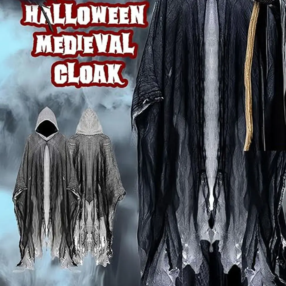 

Creative Gift with Oversized Hood Halloween Hooded Cloak Vintage Black Color Overcoats Cosplay Props