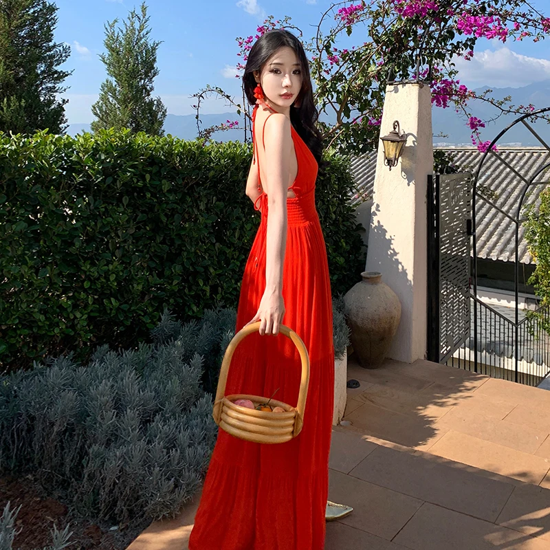 

New In Halter High Split Strapless Maxi Summer Beach Dresses 2023 Solid Slim Women's Vacation Sexy Long Sundress Runway Vestidos