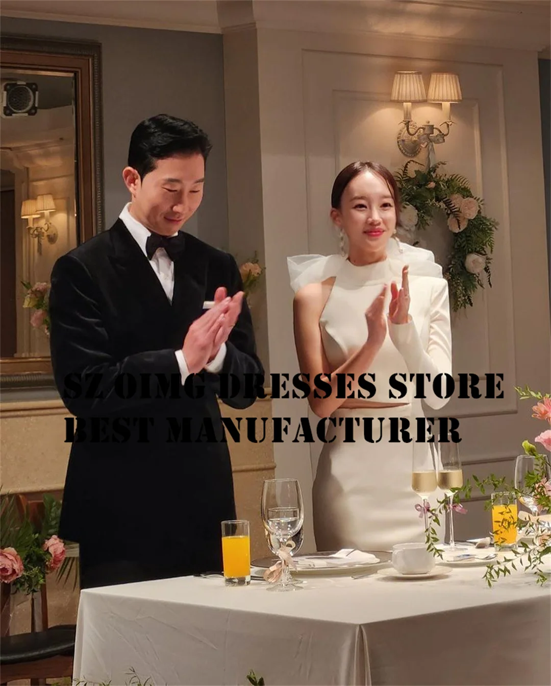 OIMG Korea Wedding Dresses Long Sleeves Ruched Satin Floor Length Mermaid Elegant Ivory Country Bride Gowns Formal Bridal Dress