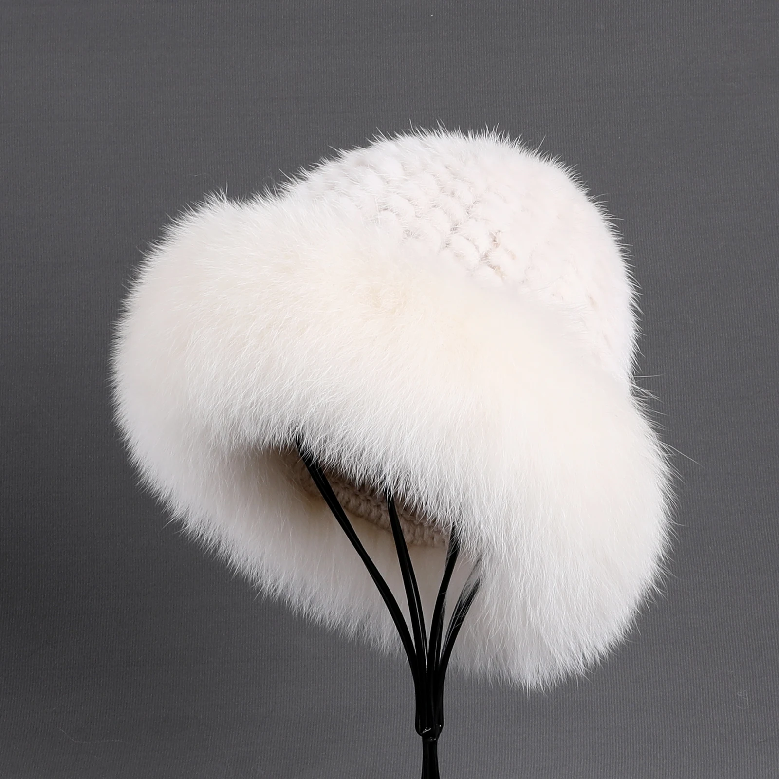 Frauen Winter warm echte Premuim Nerz Fell gestrickt Eimer Hut pelzigen Echtpelz Kappen Big Fox Pelz besatz Krempe verstellbar – Detail 4