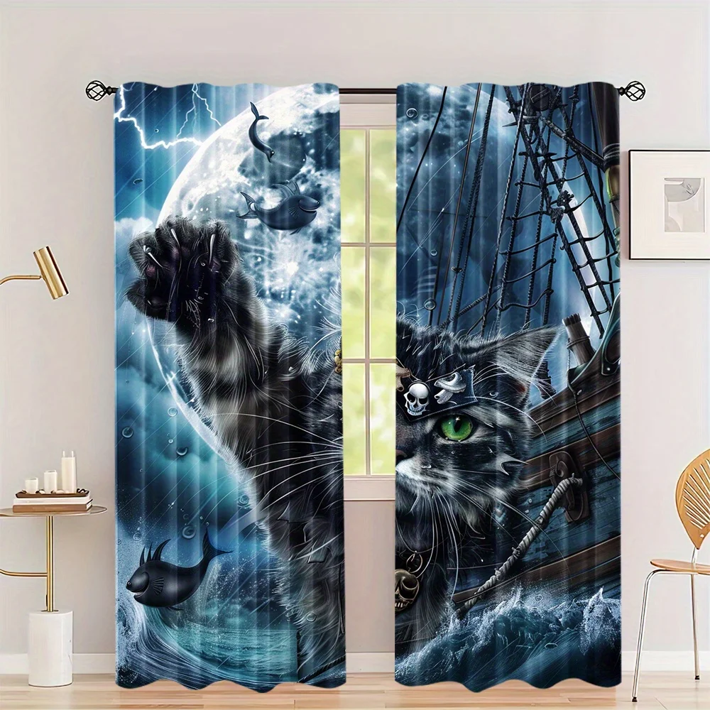 

2 Pcs Waves Sailing Sailboat Funny Cat Animal Tiger Pirate Print Curtains Semi-Blackout Long Curtains for LivingRoom Bedroom