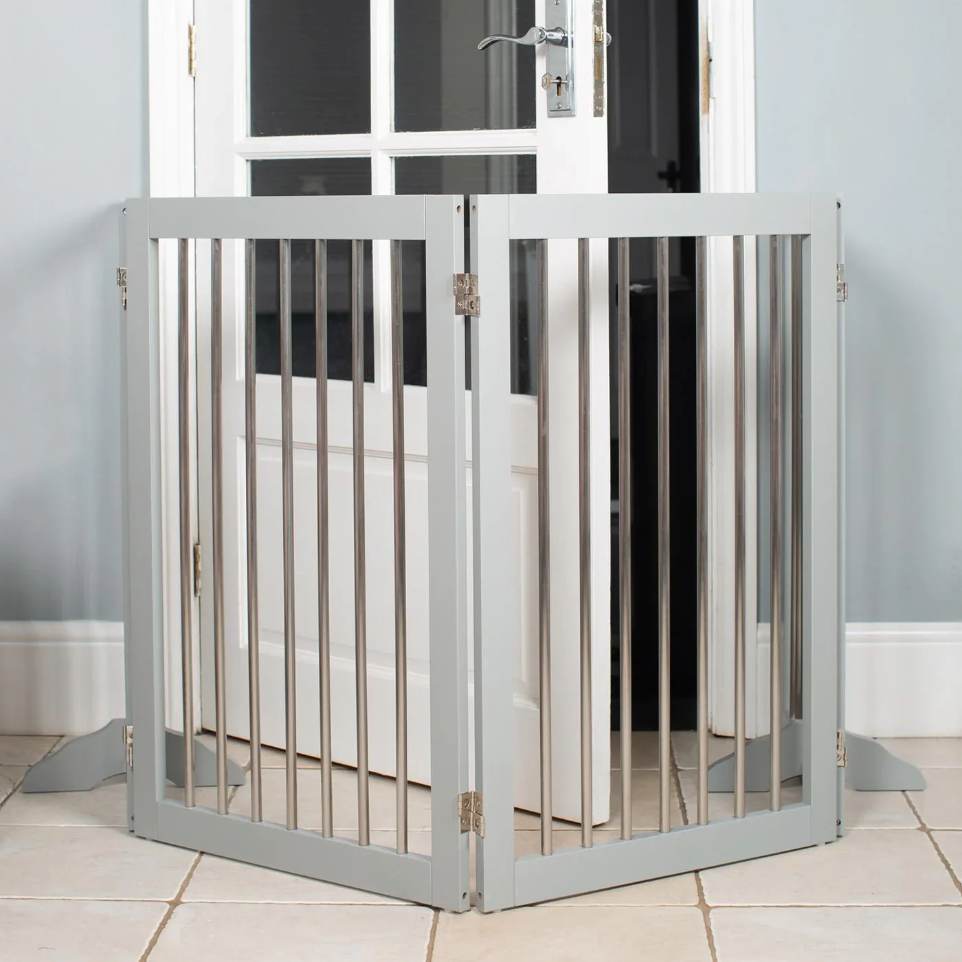 Furniture Style Stainless Steel Tube Folding Pet Barrier Playpen Wooden Pet Gate With Door Walk Through