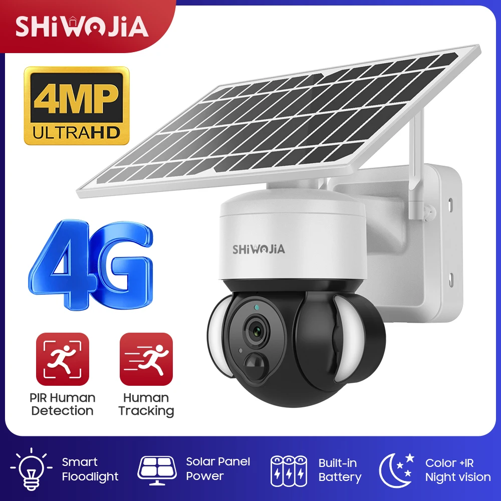 SHIWOJIA 4G SIM /Wifi Solar Camera 4MP HD AI Human Detect PTZ Outdoor Solar Power Security Surveillance Built-in Battery Cctv