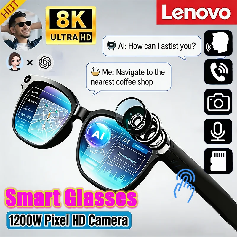 Óculos Inteligentes Lenovo HOT 8K com Câmera, Controle Remoto, Assistente de Voz, Gravação de Fotos, Tradutor, Bluetooth Sem Fio