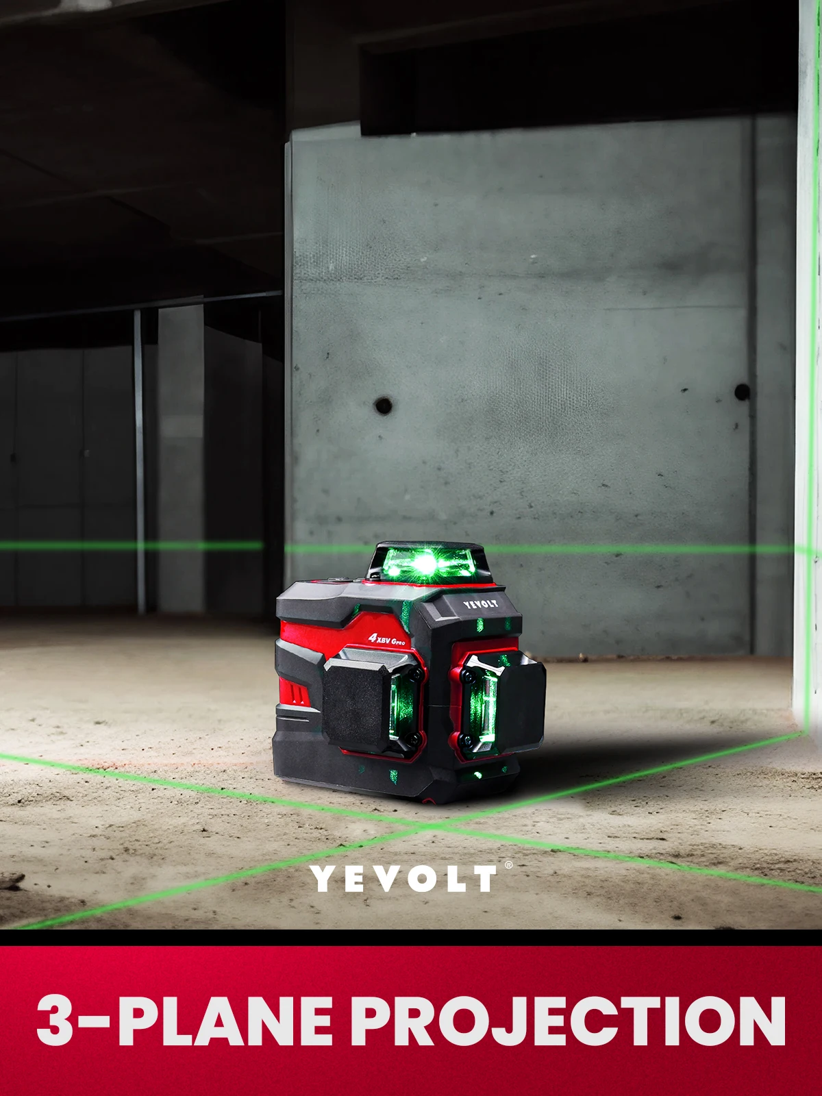 YEVOLT YVGLL4XS12 Series Green Laser Level 3-Plane 12-Line Self-leveling 360 3D Horizontal & Vertical 3.6V 3Ah Power Tools