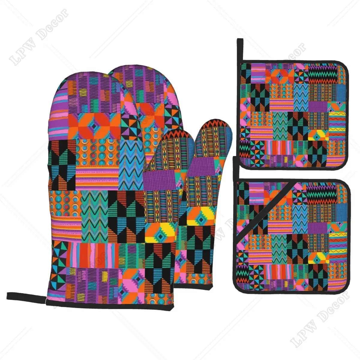 

Unique Wax Print Ankara Kente Oven Mitts and Pot Holders 4pcs Set Heat Resistant Kitchen BBQ Gloves for Grilling Potholder