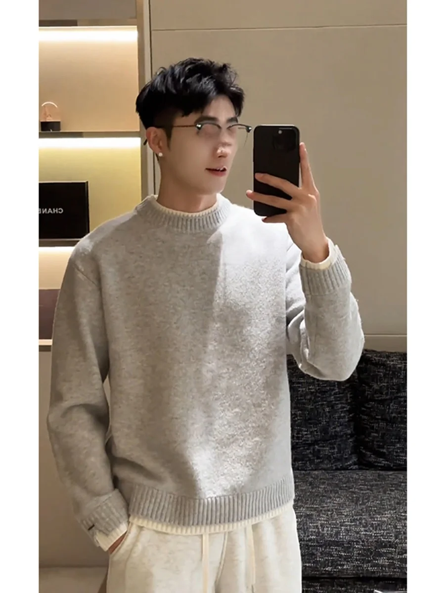 

ay Knitted Sweater Men's Winter Warmth Casual Sle Inner Wear Korean Trendy Cleanfit Fce Outer Coat Loose Fit Polyester...