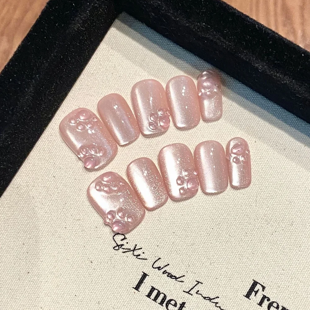 أظافر اصطناعية أكريليك قابلة لإعادة الاستخدام ، مصنوعة يدويًا ، لطيفة ، اضغط ، كاواي قصير ، تصميم مخفي القط الوردي ، فن الأظافر ، المطلوب ، متجر الحياة #1