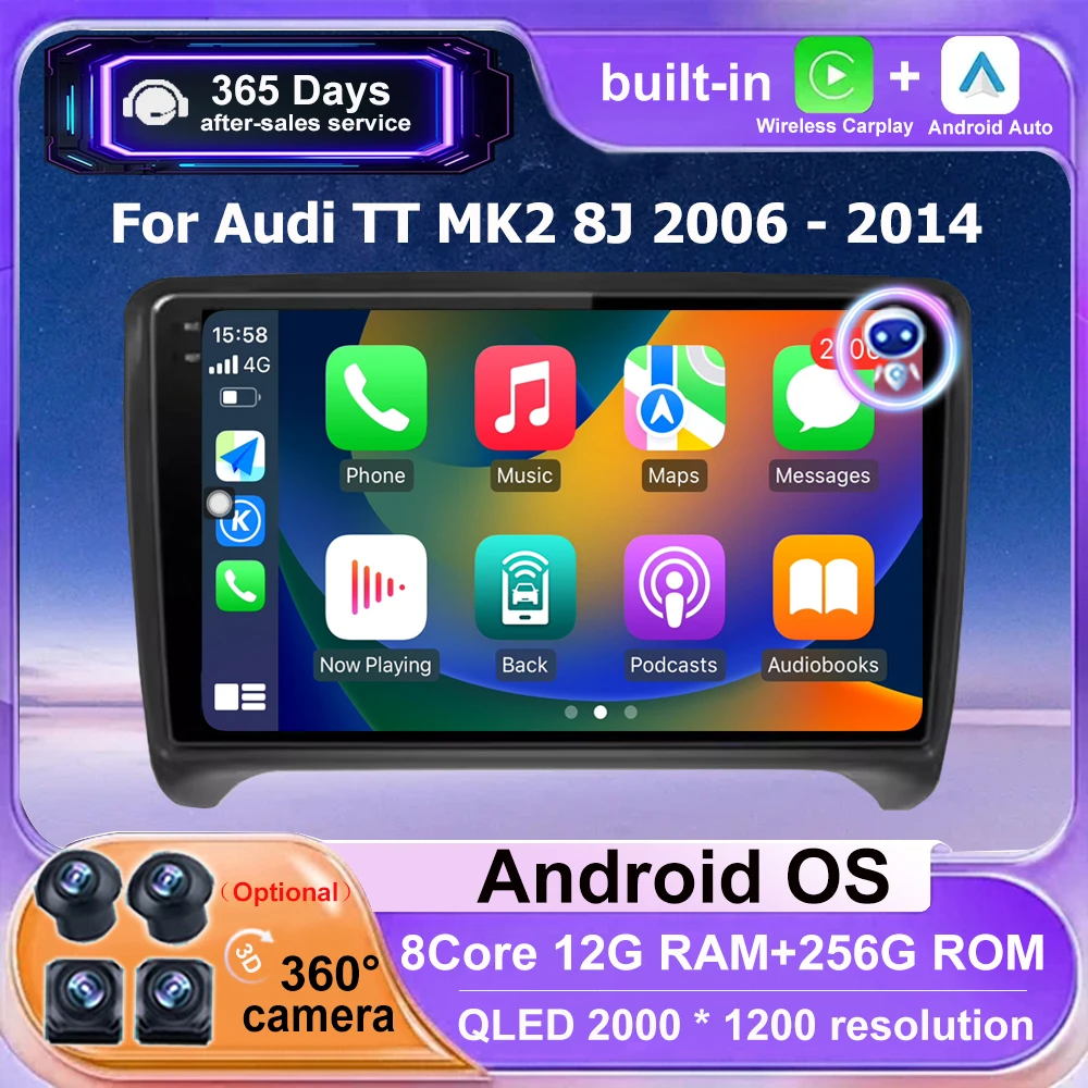 

9 Inch Android 16 Auto For Audi TT MK2 8J 2006 - 2014 QLED Car Radio Multimedia Player GPS Stereo Carplay BT DSP WIFI 360 Camera