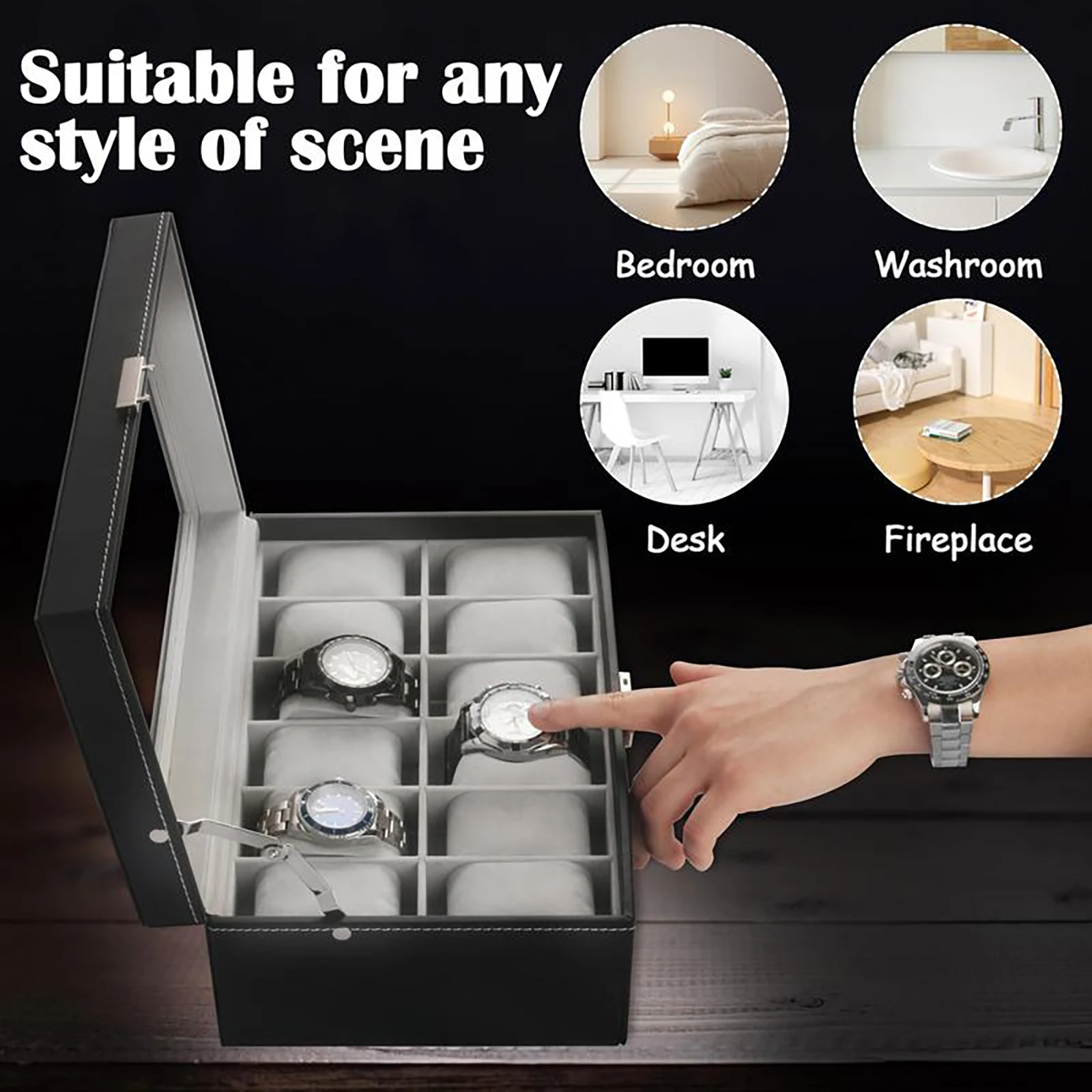 

12 Slot 2-Layer Watch Case with Drawer & Glass Lid Watch Display Organizer Metal Lock Birthday for Men Women