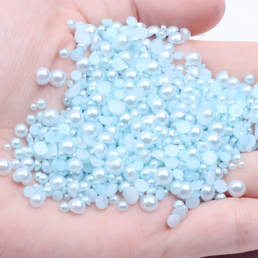 Light Blue Glue On Half Round Pearls 2mm-12mm And Mixed Sizes 50-1000pcs Resin Crafts Beads DIY 3D Nails Art Decorations