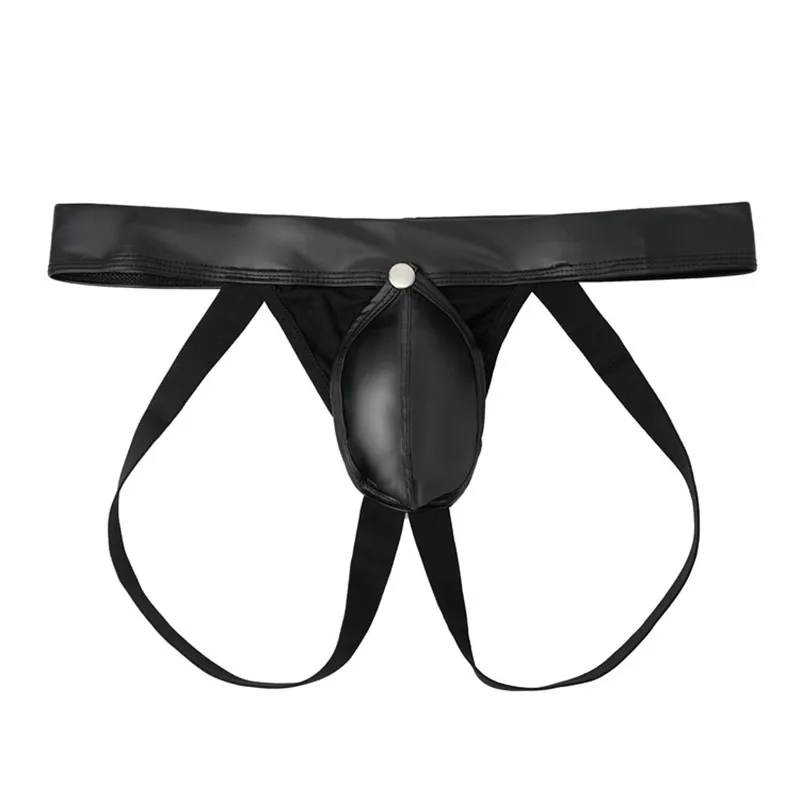 

Sexy Men G-string Thong Black Faux Leather Underwear For Man Jockstraps Lingerie Erotic Pantie Detachable Pouch Underpants M-XXL