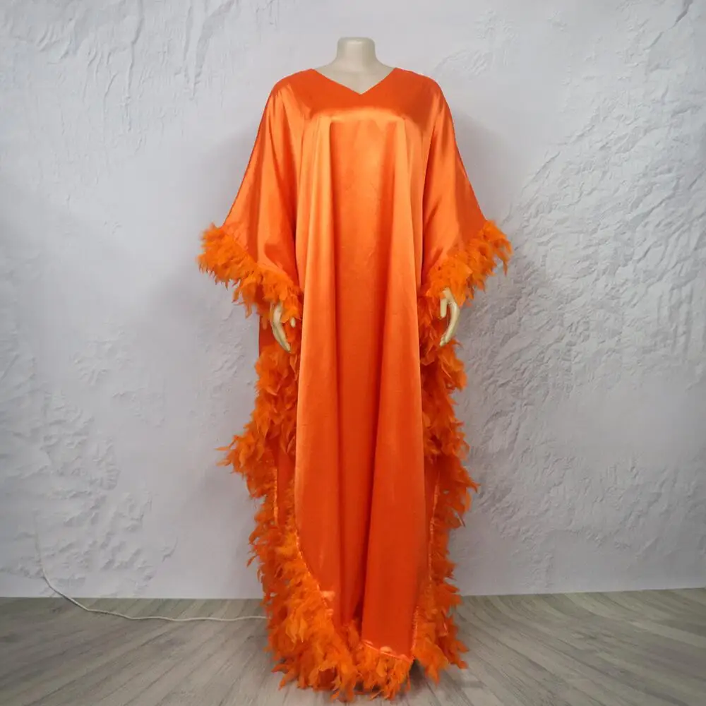 African tropical women's luxurious full surround feather high slit long robe dress