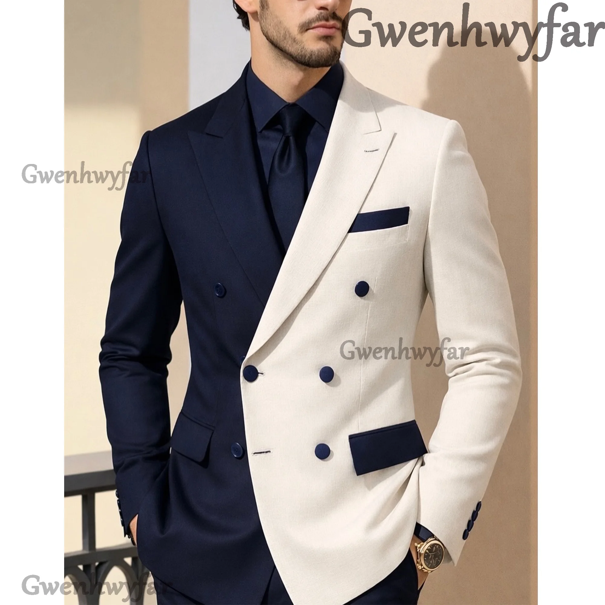 

Мужской костюм Gwenhwyfar: двубортный, сине-белый, из двух частей, с заостренными лацканами, классический, для торжественных мероприятий
