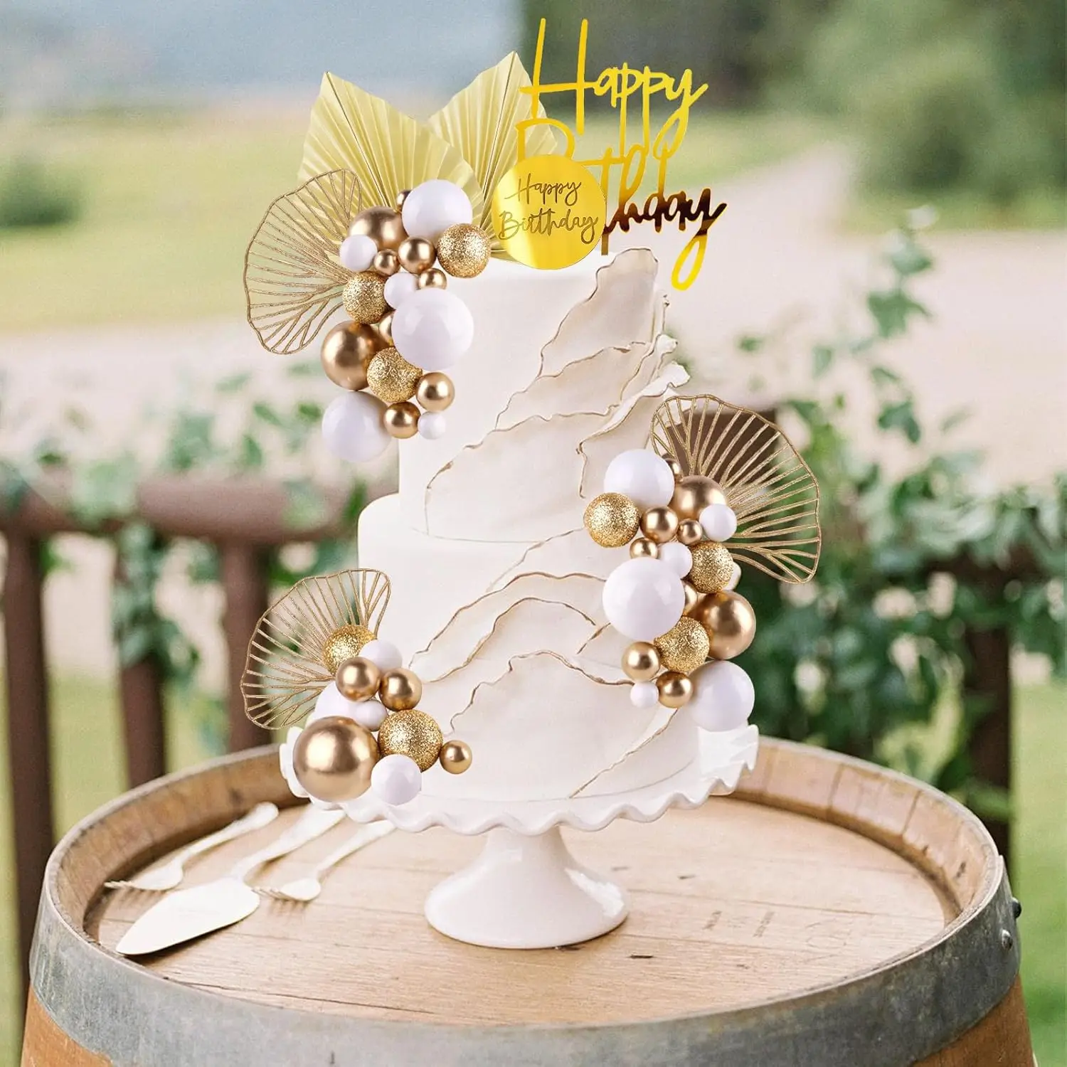 كرات الذهب الأبيض كعكة القبعات العالية مع أوراق النخيل الذهبية بوهو عيد ميلاد كعكة الديكور بالون كعكة إدراج لحفل زفاف عيد ميلاد #5