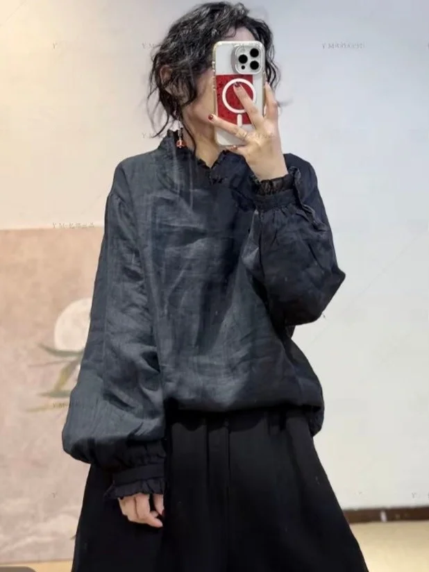 Red Lace Collar Linen irt Women's Loose Lantern Sve Flattering Slimming Spring Artistic Sle Casual Cotton Top