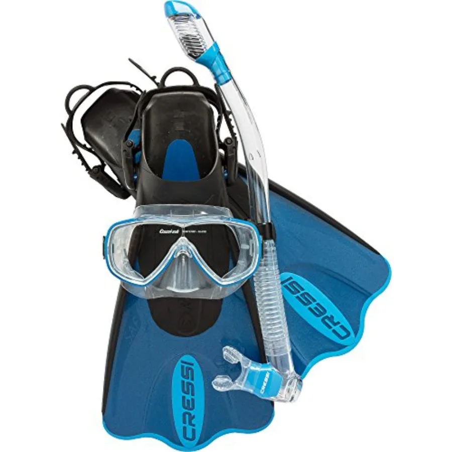 

Snorkeling gear for ocean use: tempered glass mask, open-heel fins, dry-top purge-valve snorkel, black with orange accents, cor
