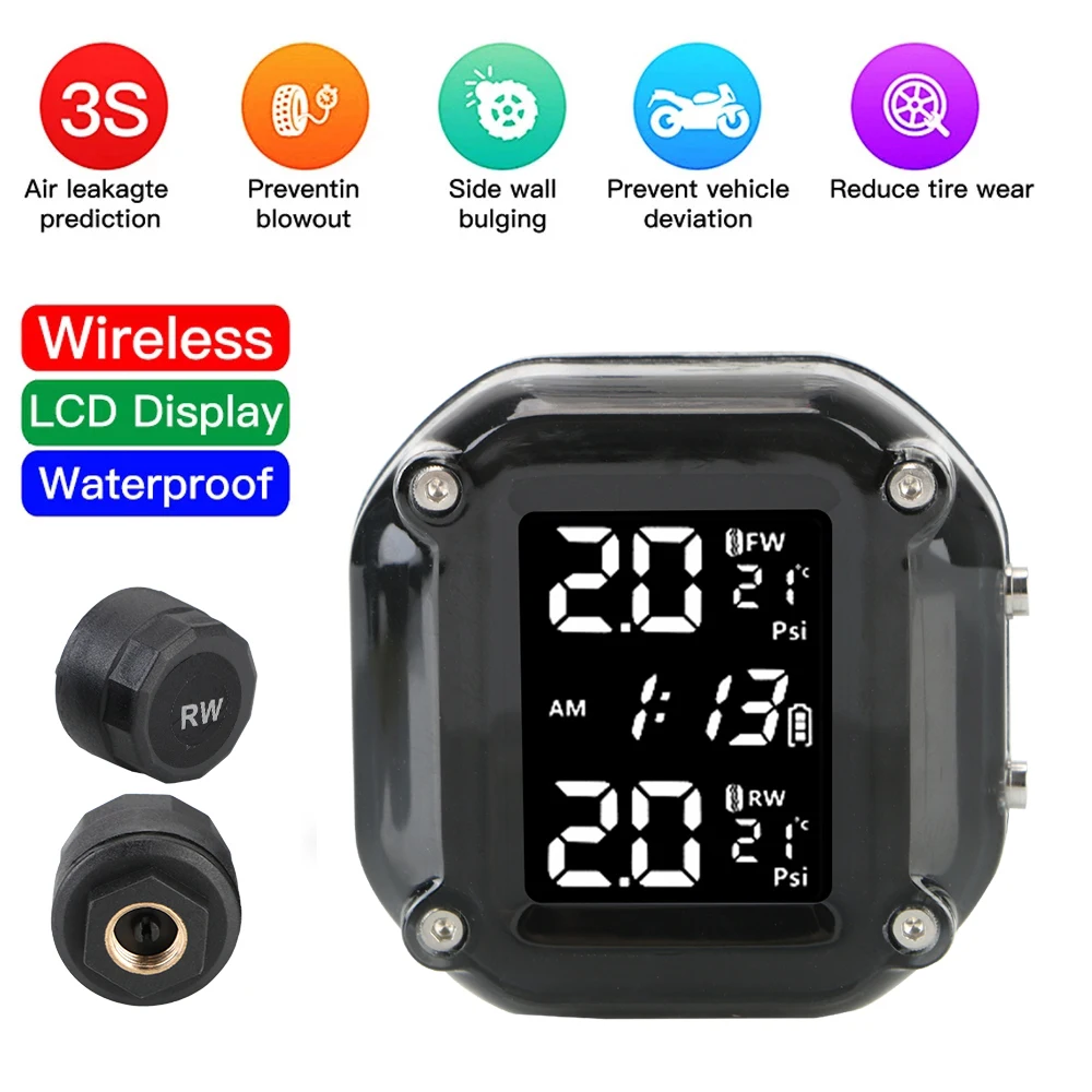 

Wireless Motorcycle TPMS Motor Tire Pressure Monitoring Alarm System With 2 External Sensors