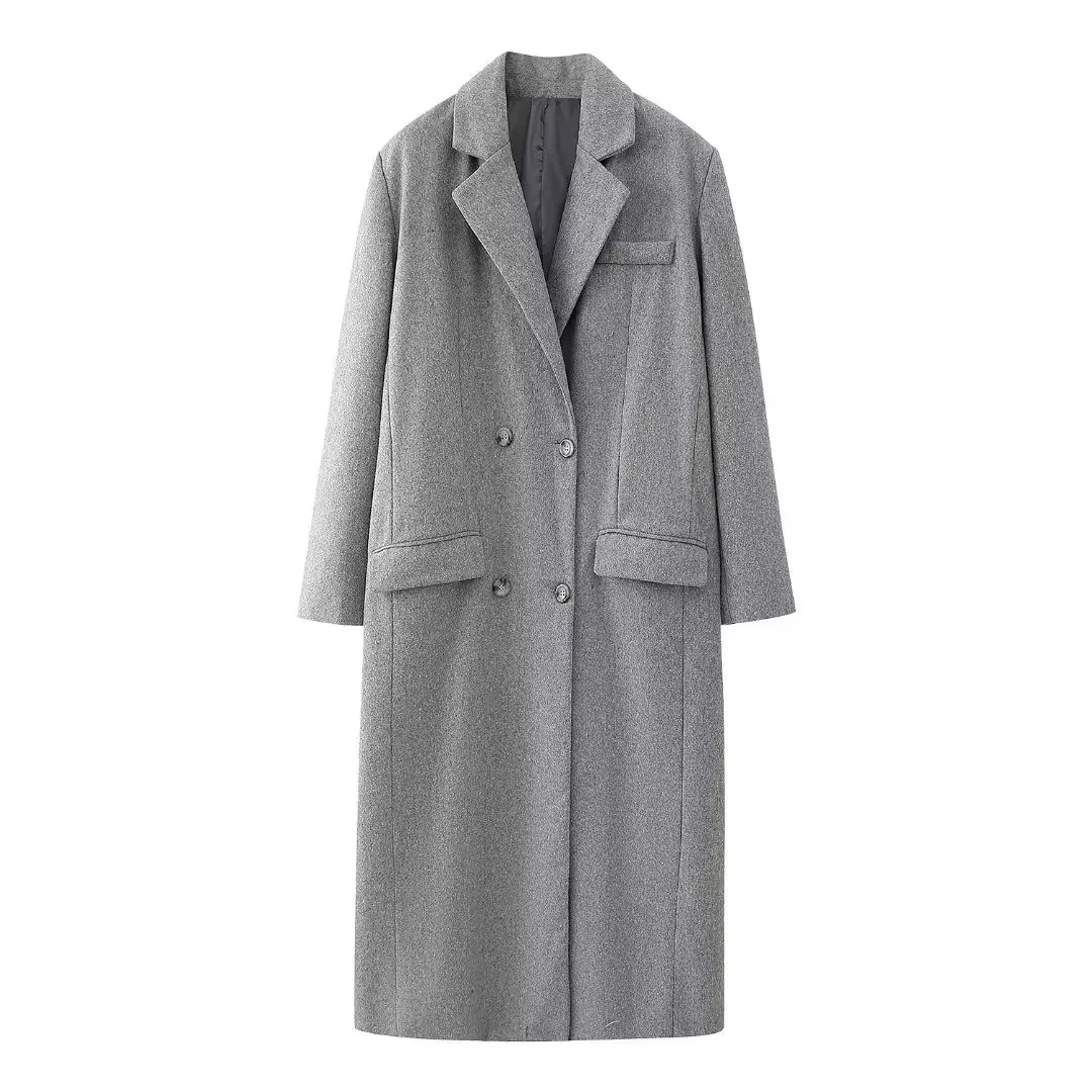 

Elegant Grey Woolen Blends Long Coats Women Causal Loose Double Breasted Pockets Overcoat 2023 Winter Warm Oversized Lady Jacket