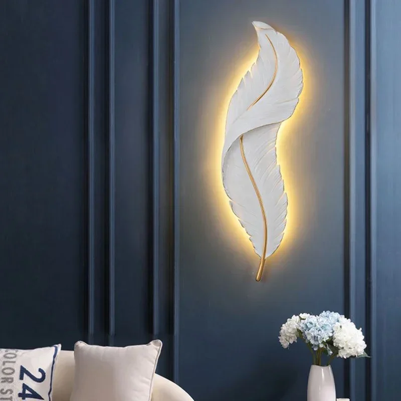 Modern Creative White Feather Wall Lamp Iron Art Led Bracket Light for Bedroom Living Dining Room Coffee Shop Home Decor