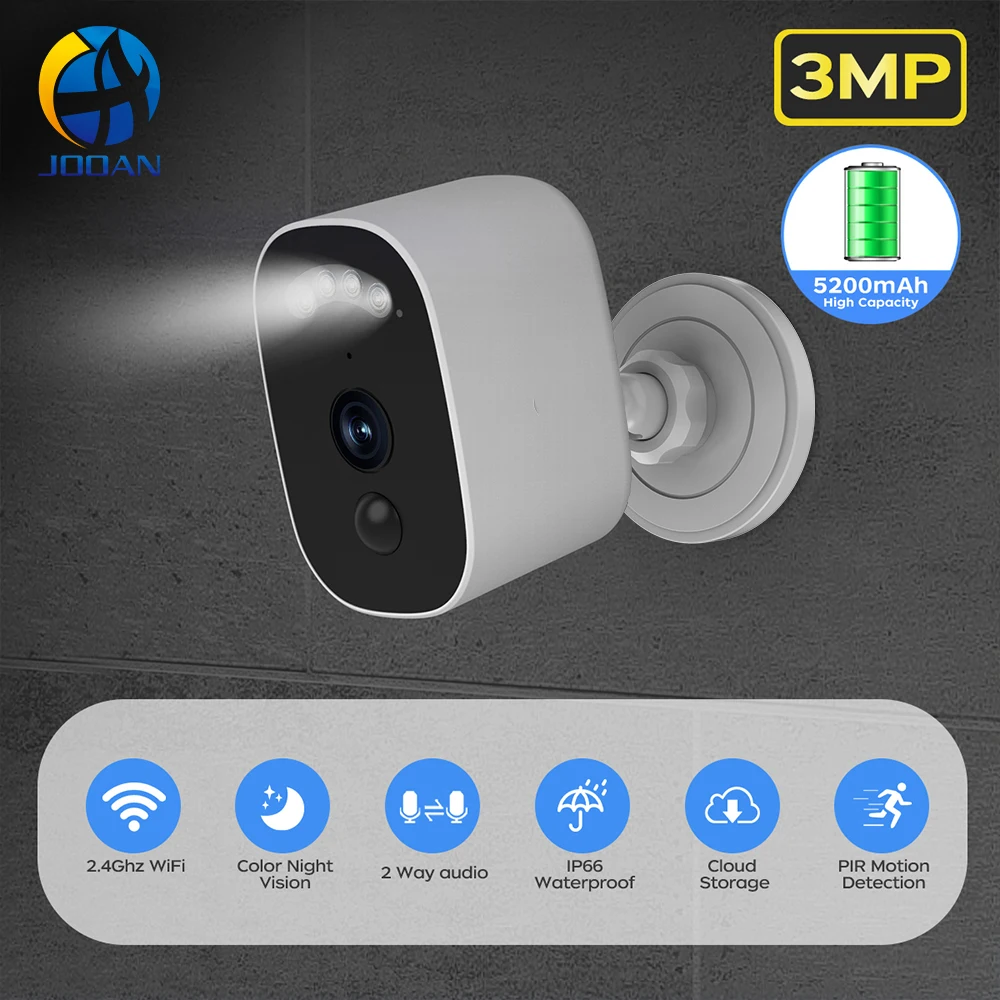 JOOAN 3MP WiFi caméra de Surveillance extérieure sans fil alimenté par batterie caméra de sécurité PIR alarme de mouvement stockage en nuage