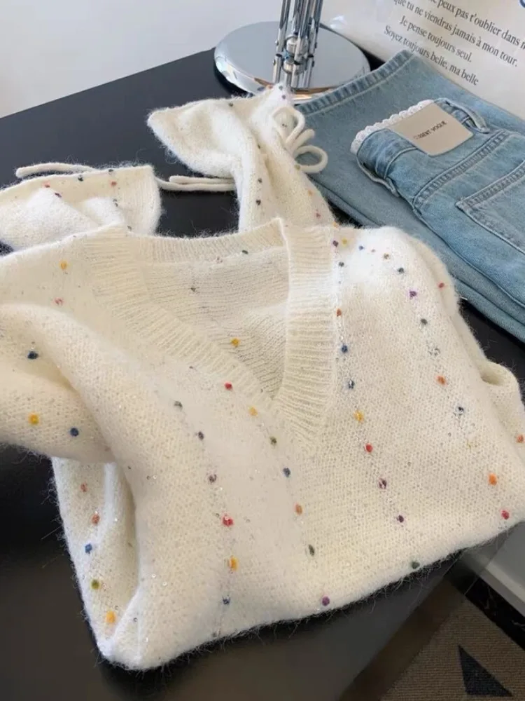 Suéter de Punto ueso Brillante con Cuello en V para Mujer, Otoño Invierno, Nuevo, Hoado, Manga Larga, Sensación Premium, ...