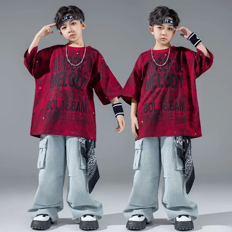

Hip Hop Dance Costume Children's Clothing Loose Red Tops Shuffle Pants Jazz Dancer Performance Wear Boy Street Dance Outfit