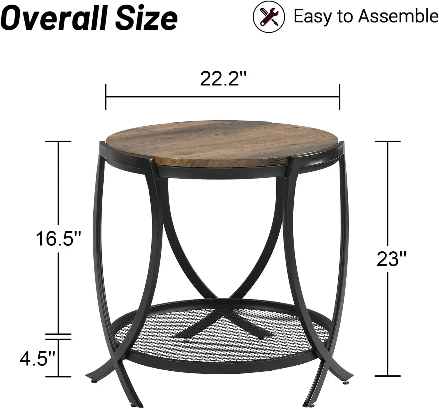 Industrial Round End Table with Storage Shelf, 2-Tier Side Table for Living Room, Adjustable Feet & lmitation Wood Grain Surface