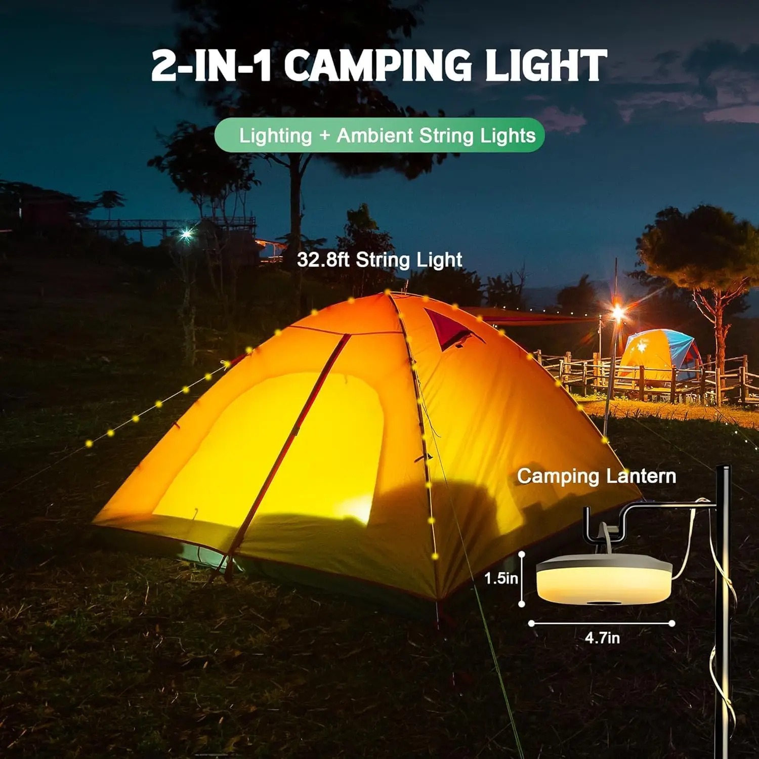 2-in-1 Camping Fairy Lights, Retractable Outdoor Fairy Lights with 8 Lighting Modes, USB Charging, Durable and Waterproof, 10M