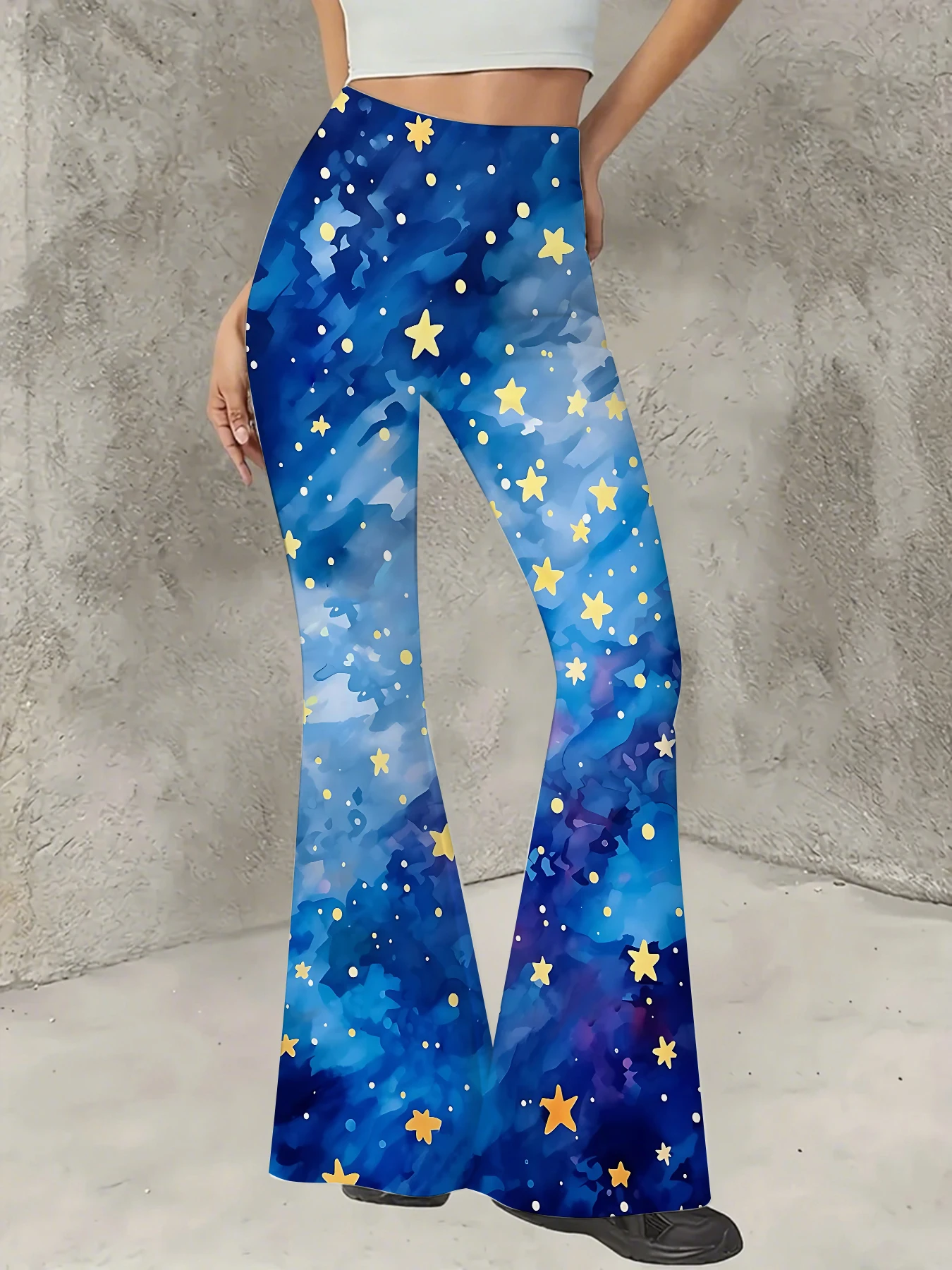 

Women's Print Flare Pants Casual High Waist Knit Bell Bottom Trousers Boho