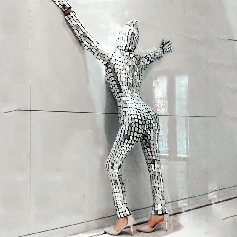 Mannen Spiegels Kostuum Vrouwen Zilveren Pailletten Jumpsuit Bar Nachtclub Party Gogo Wear Stage Performance Pole Dance Outfit XS5783