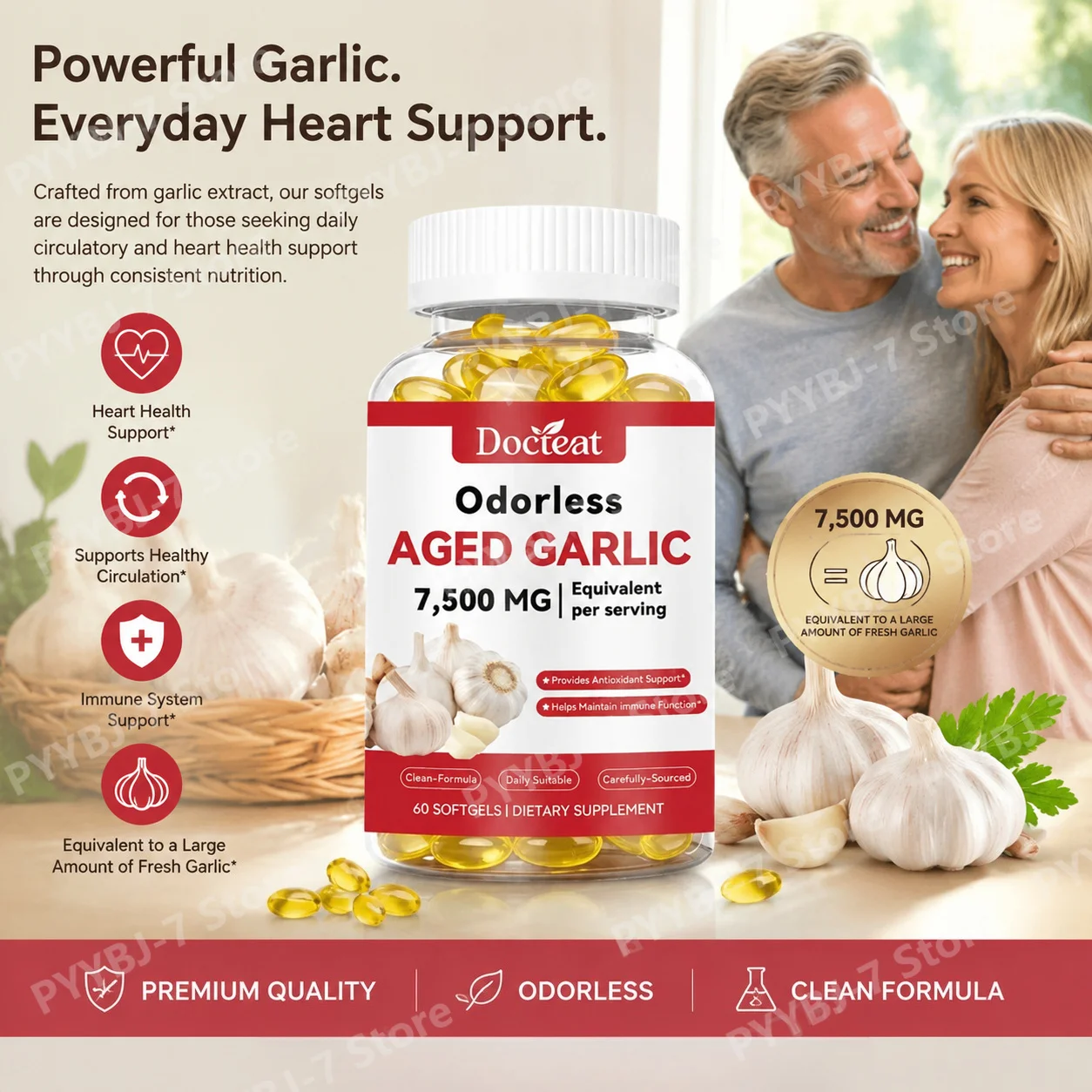 Odorless Aged Garlic 7500mg Softgels Garlic Extract Capsules for Daily Heart & Immune Wellness Support Supplement 60 Count
