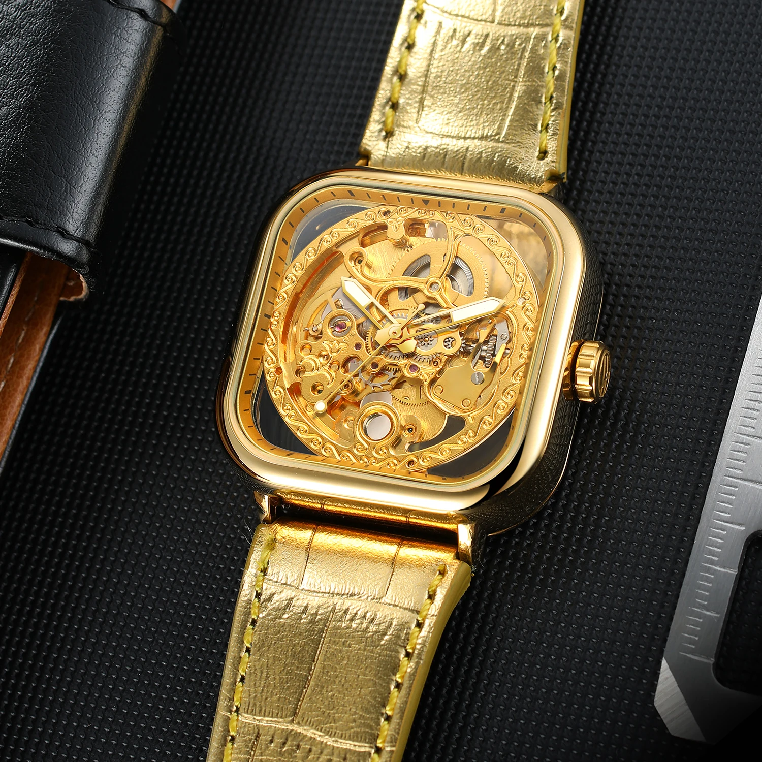 FORSINING Engraved Square Case Men's Watches Automatic Skeleton Mechanical Luminous Hands Carving Genuine Leather Band Man Clock