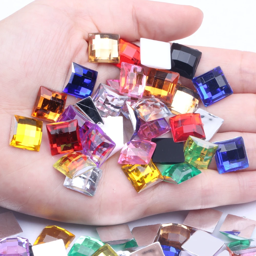 

200pcs 12mm Acrylic Rhinestones Square Shape Flatback Earth Facets Many Colors Flat Back Glue On Beads DIY Nail Art Decoration