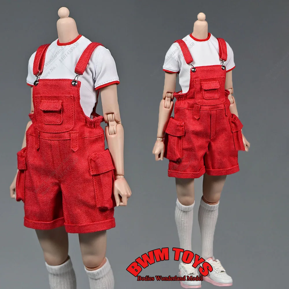 Red Color 1/6 Scale Women's Pocket Overalls Shorts Rompers Pant Model for 12Inch Female Action Figure Model Doll