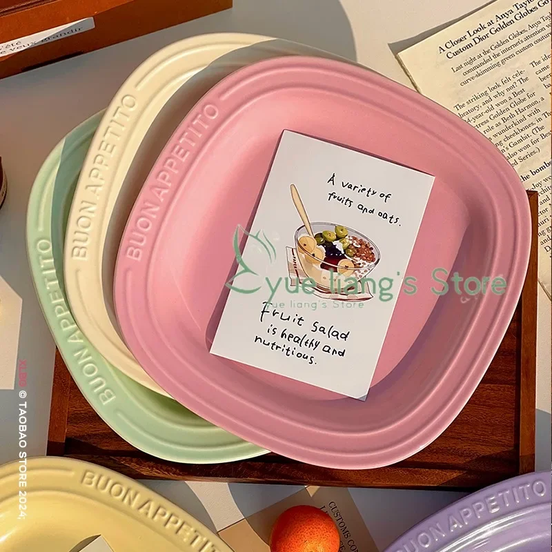 

Solid Color Square Western Style Plate 9inch Ceramic Cream Embossed Letter Tableware Household Pasta Dessert Breakfast Plate