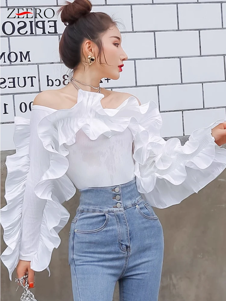 Korean Fashion Women White Slash Neck Ruffles Patchwork Blouse Sexy Cropped Top Elegant Female Black Slim T-Shirts Party Blouses