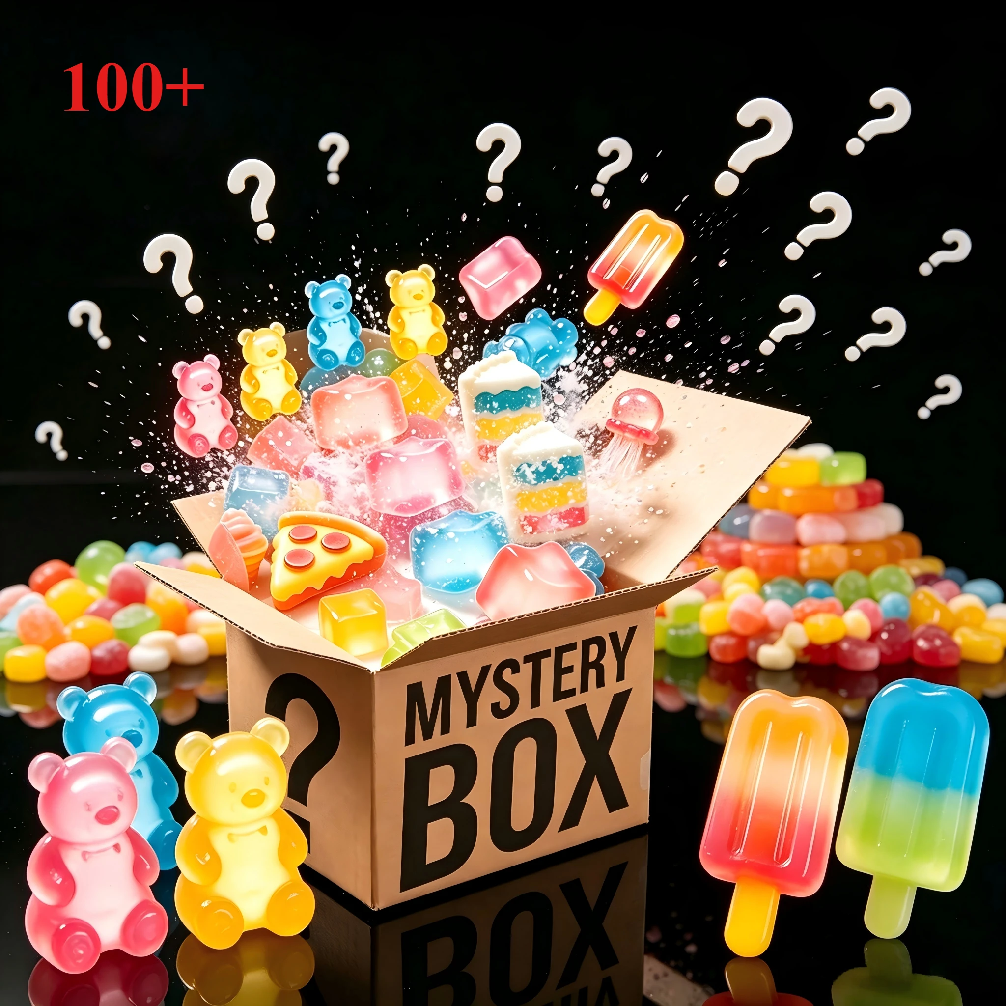 Caja Misteriosa de Más de 100 Juguetes Sensoriales Antiestrés Estilo Caramelo Aleatorio: Squishy, Gominolas, Ositos de Goma, Helados y Pasteles para Apretar