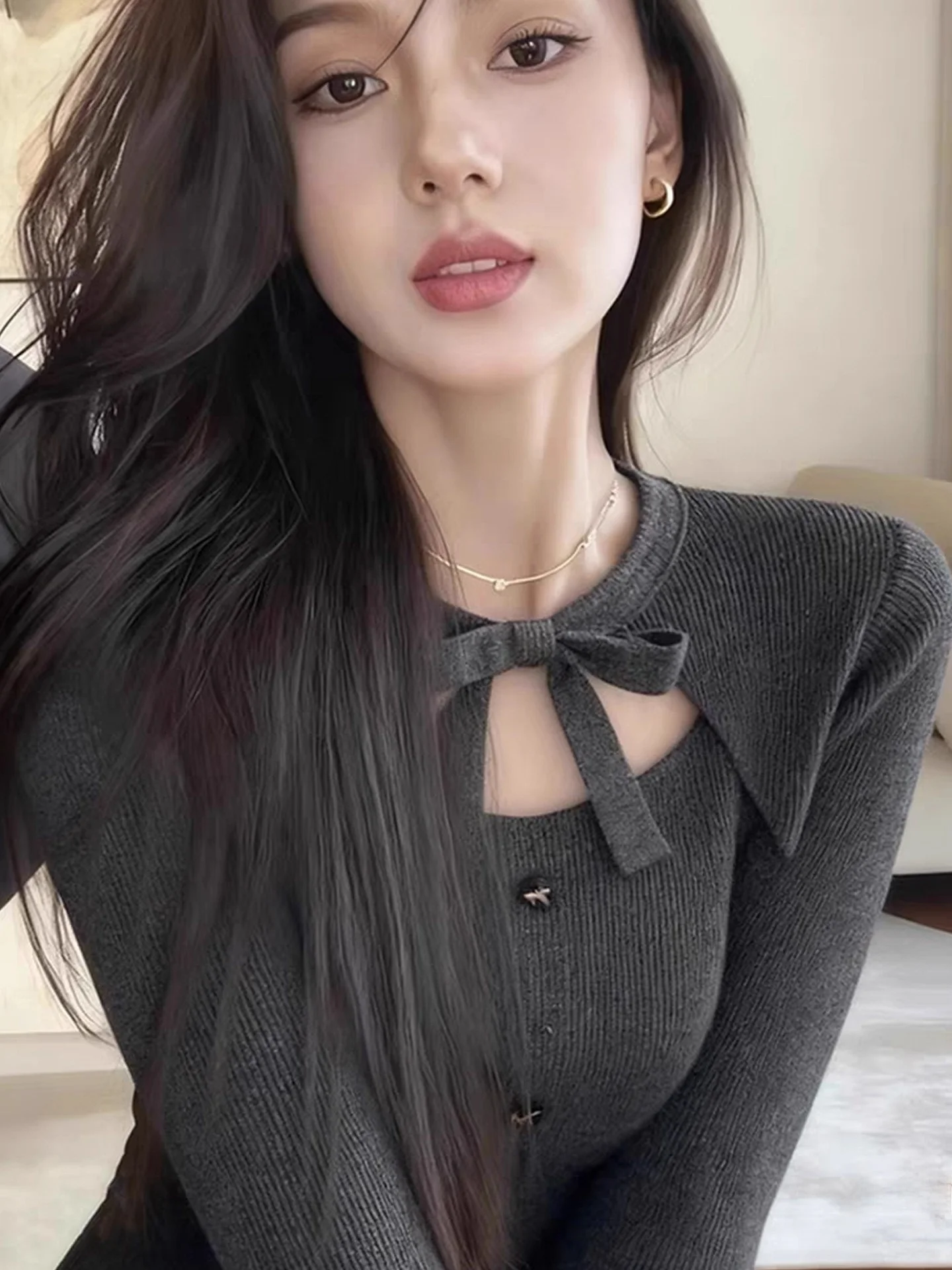 Bla جولة Ne محبوك سترة الجوف خارج تصميم سليم صالح طويل Sve المرأة الخريف الشتاء Faion مثير أعلى عقدة