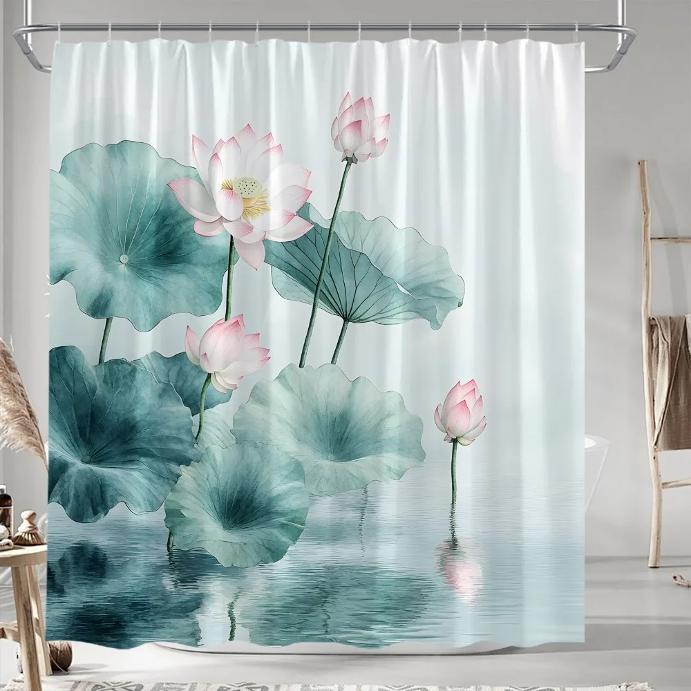 

White blooming lotus flowers Washable Dirt-Resistant Shower Curtain Shower Head waterproof Polyester Bath Curtain For Home Decor