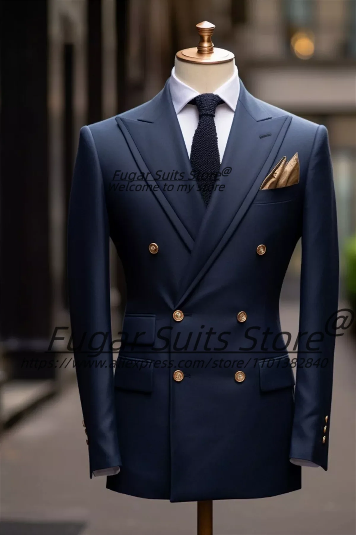 Italian style Navy Blue Meeting Men Suits Slim Double Breasted Groom Formal Tuxedos 2 Pcs Sets Classic Male Blazers Ropa Hombre