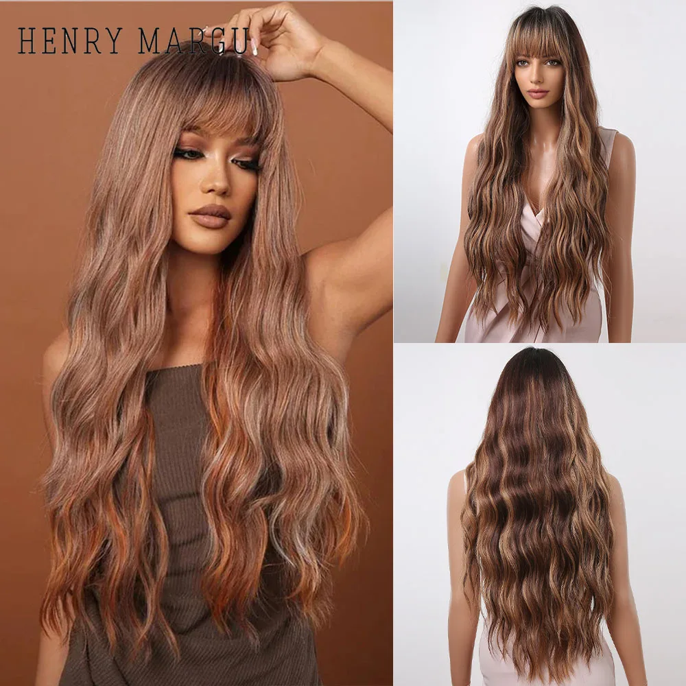 

HENRY MARGU Long Wavy Synthetic Wigs for Women Black Brown Chestnut Brown Blonde Ombre Highlight Wigs With Bangs Cosplay Hair