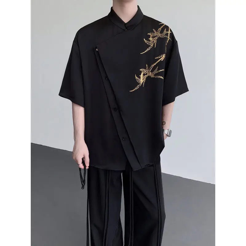 

Новая китайская мужская рубашка из бамбукового шелка с вышивкой, гладкая, асимметричная, с коротким рукавом, сексуальная, премиум-класса