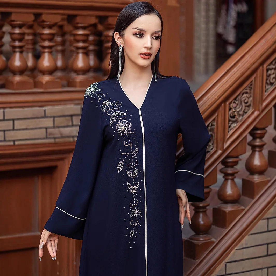 

navy blue V-neck retro dress, Middle Eastern Arab spot temperament, classic luxury simple women's clothing new dance costume