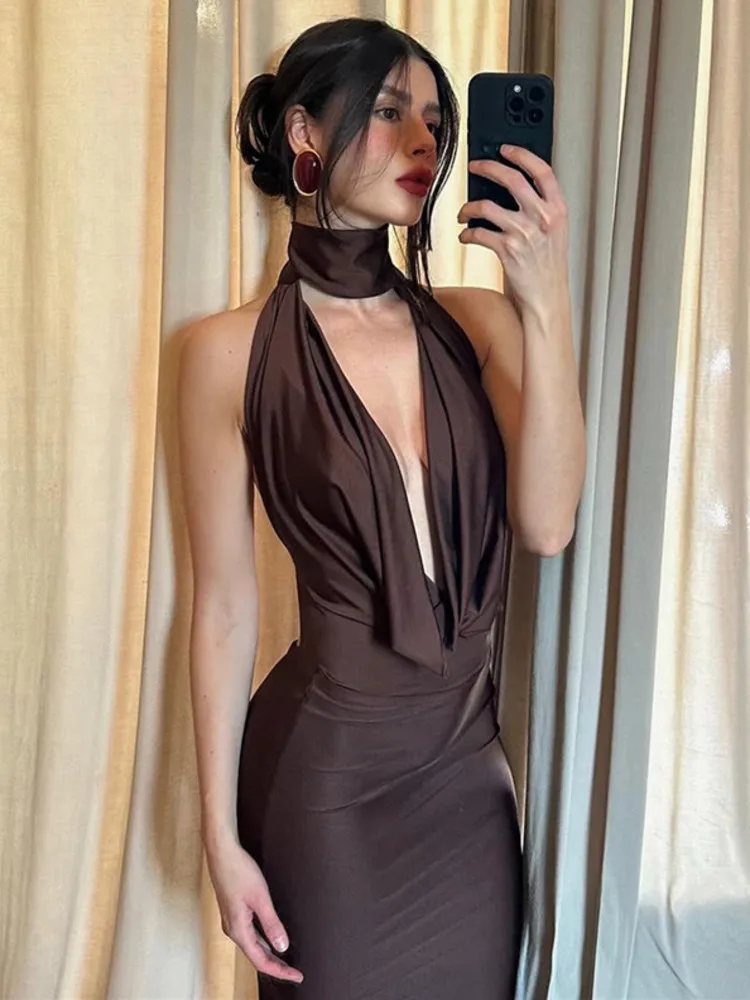 XIAOTANG Sukienka Maxi z Dekoltem typu Halter, Wycięciami na Plecach, Seksowna, Damska, Modna, Bez Rękawów, Obcisła, z Rozcięciem, na Imprezę Klubową, Długa