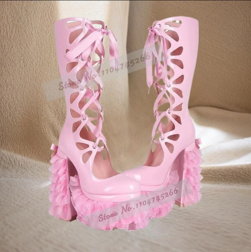 

Pink Air Mesh Ruffle Chunky Heel Summer Boots Floral High Platform Cut-Out Mid-Calf Boots Ribbon Lace-Up Patent Caged Sandals