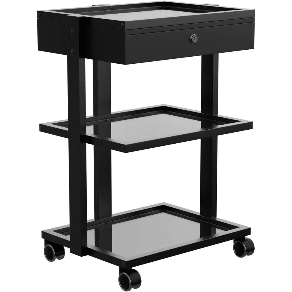 

Deluxe Beauty Trolley with 3-Tier Glass Shelves, Locking Drawer, and Casters - Ideal Storage for Beauty Tools and Instruments